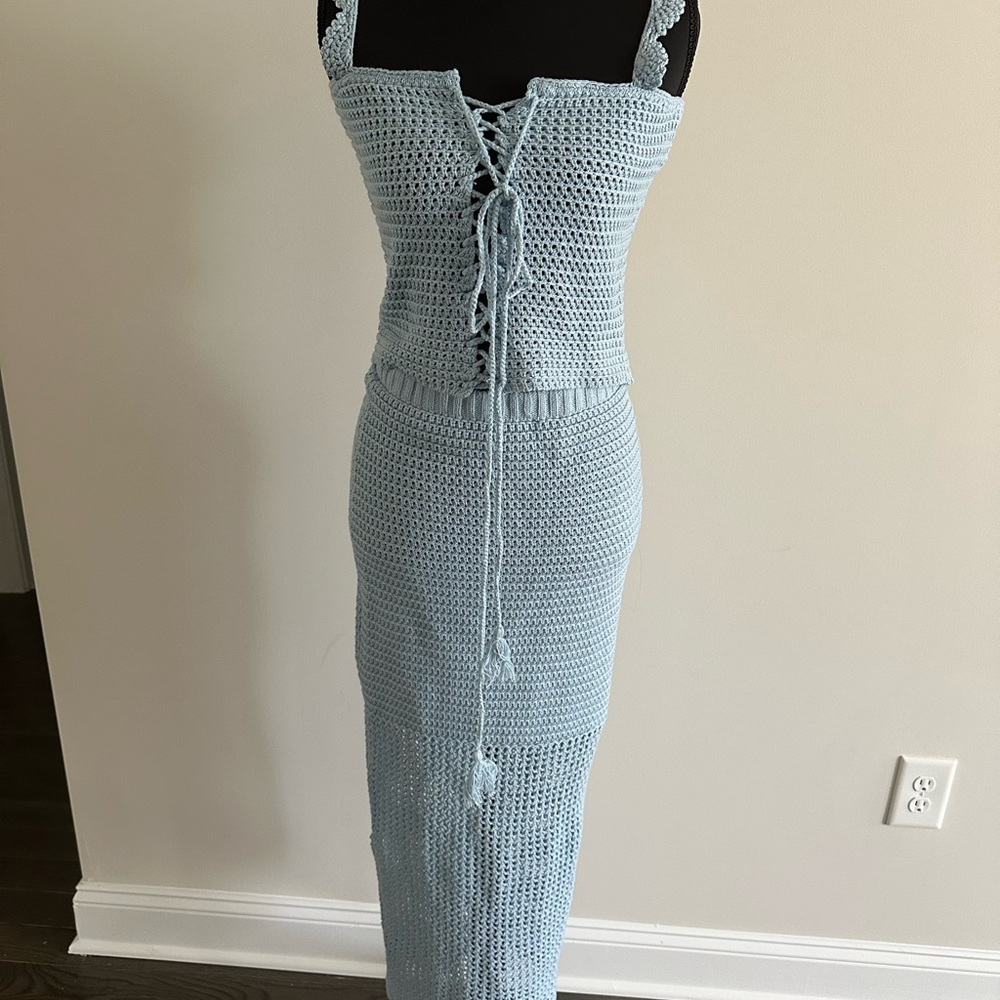 JLUXLABEL Light Blue Crochet Midi Dress